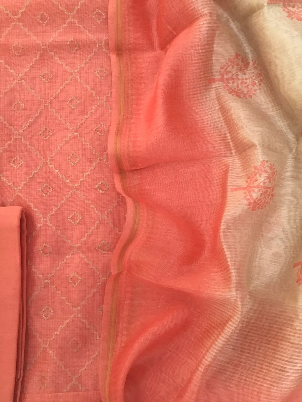 Soft Kora Chanderi Printed Embroidered Suit - Orange