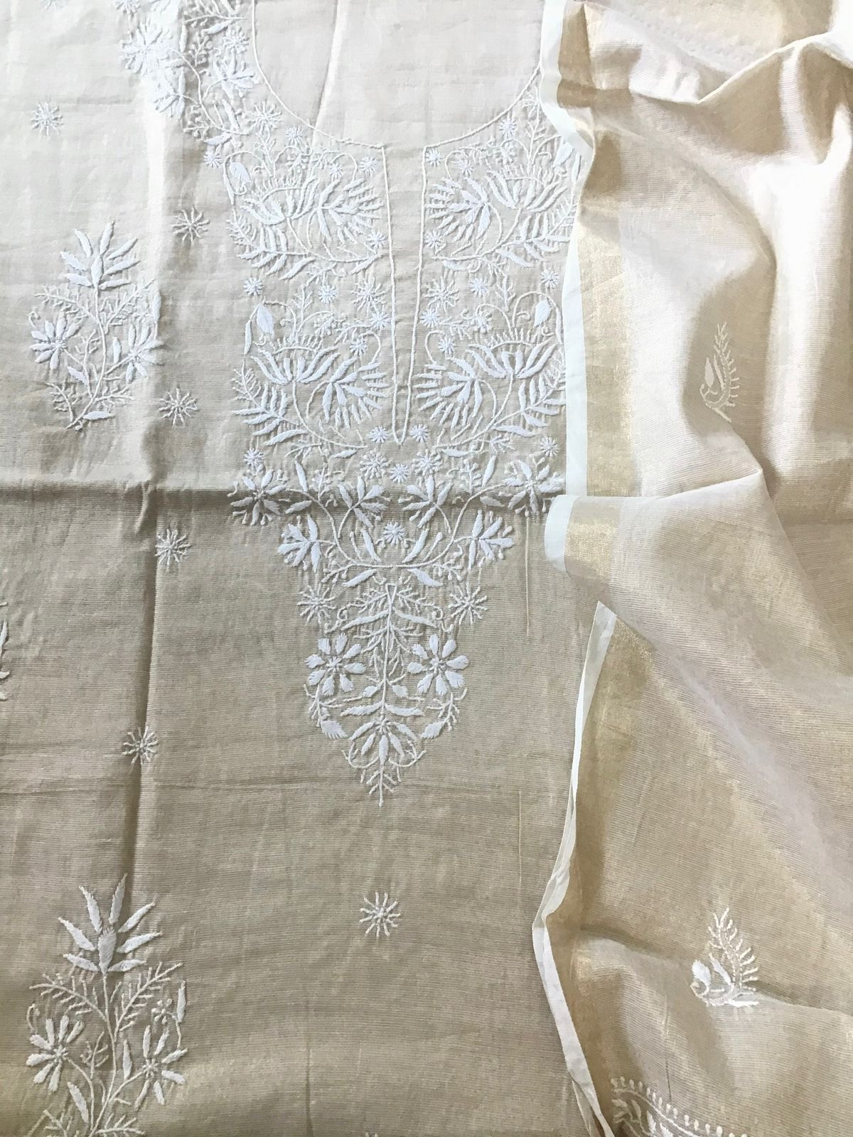 Pure Tissue Chanderi Chikankari Embroidered Suit - Beige