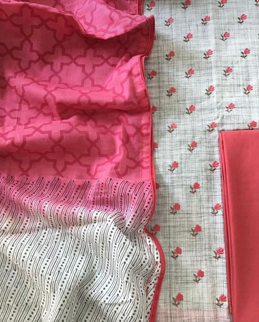 Pure Cotton Printed Embroidered Suit - Grey