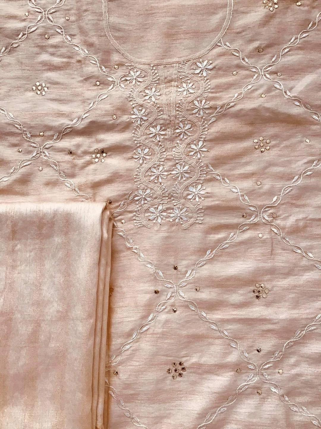 Pure Bhagalpuri Silk Chikankari Embroidered Suit - Peach
