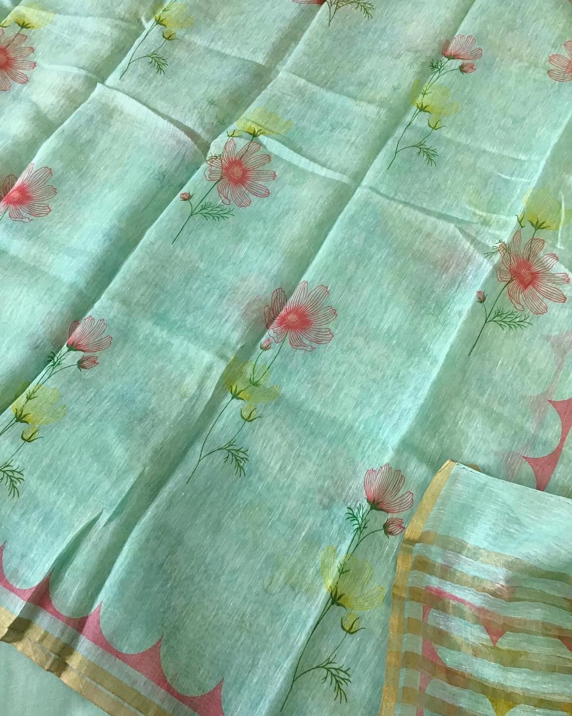 Pure Linen Chanderi Silk Banarasi Weaved Suit - Green