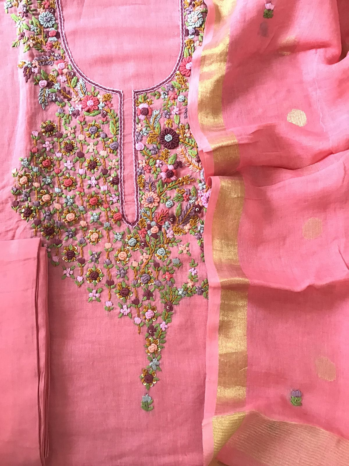 Pure Linen Jute Cotton Embroidered Suit - Pink