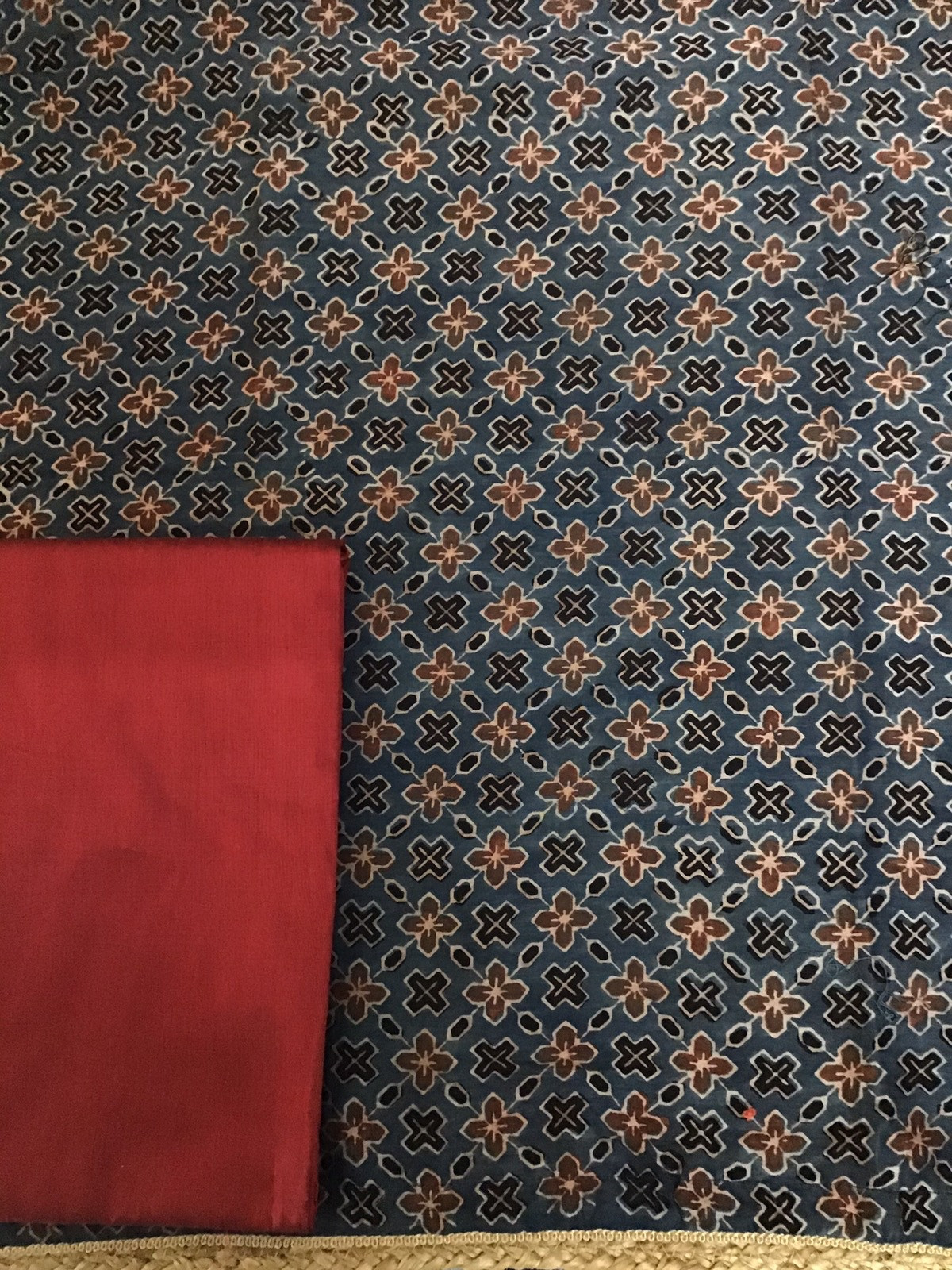 Pure Maheshwari Silk Ajrakh Printed Embroidered Suit - Blue