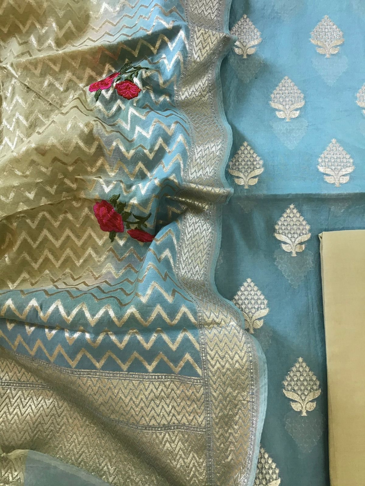 Soft Lorex Banarasi Weaved Chanderi Suit With Embroidered Dupatta - Blue