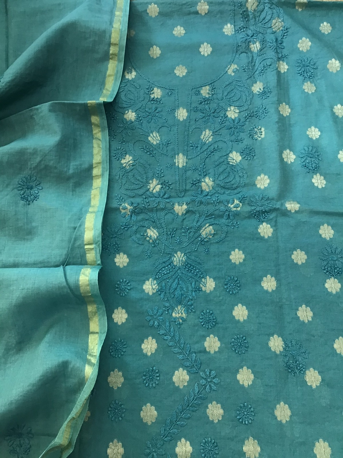 Pure Chanderi Chikankari Embroidered Suit - Blue