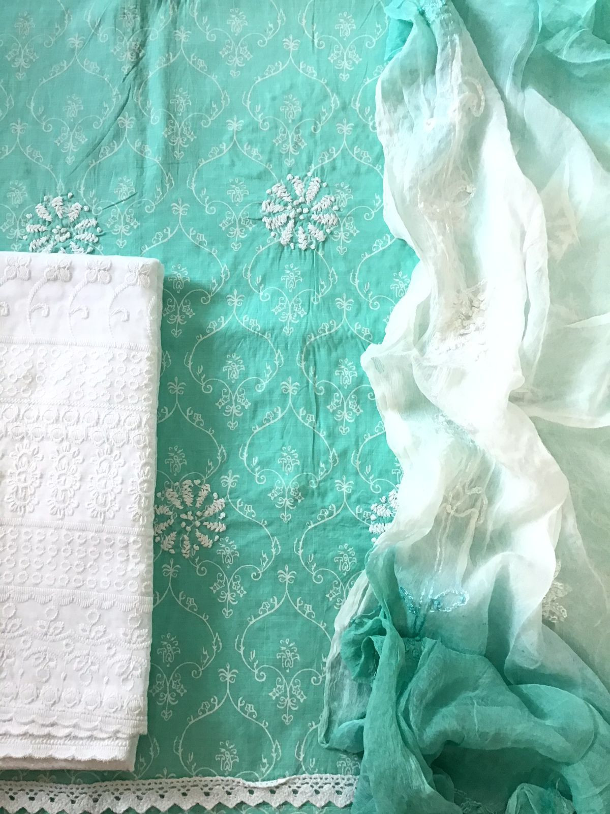 Pure Cotton Printed Embroidered Suit - Green