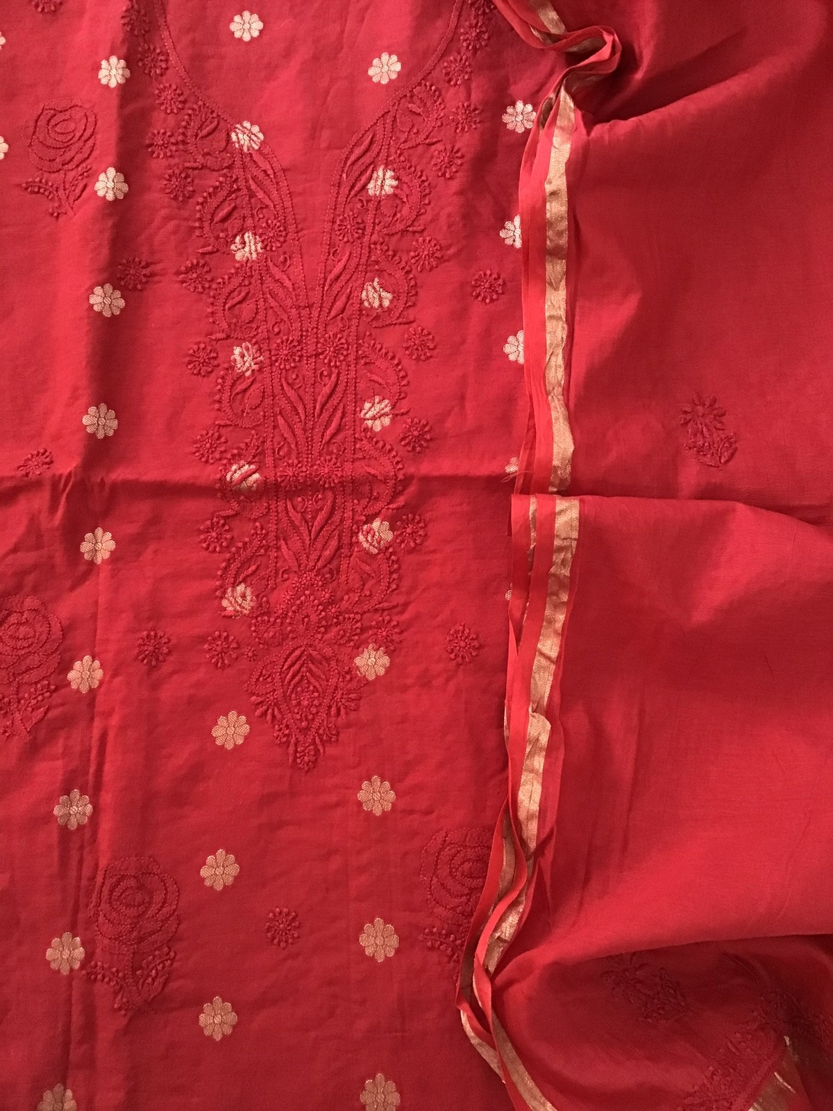 Pure Chanderi Chikankari Embroidered Suit - Red