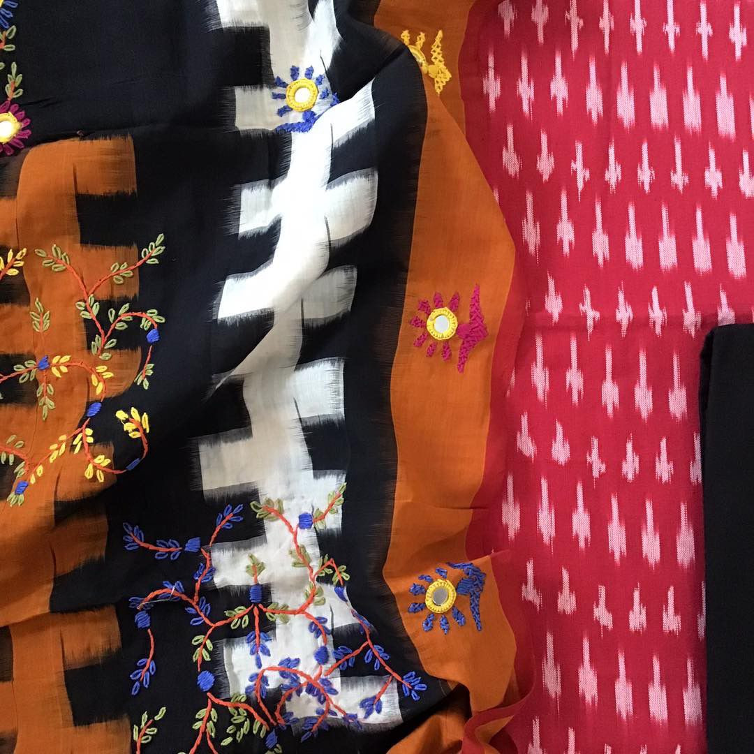 Pure Ikkat Cotton Embroidered Dupatta Suit - Red