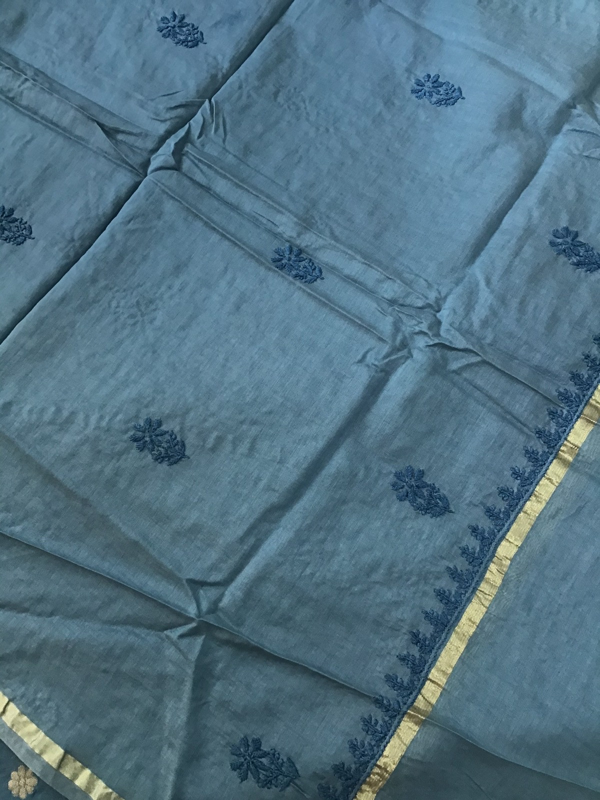 Pure Chanderi Chikankari Embroidered Suit - Blue