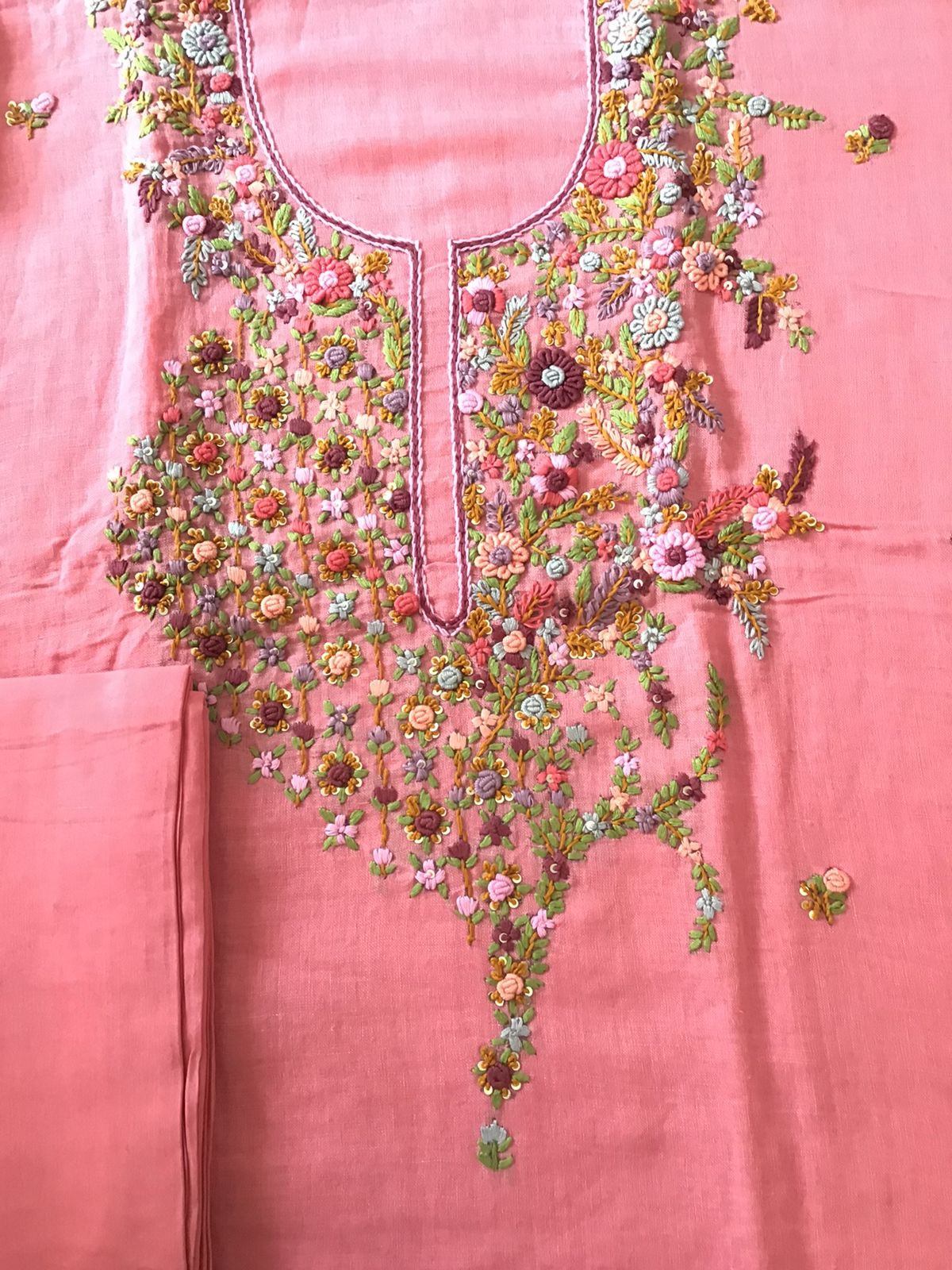 Pure Linen Jute Cotton Embroidered Suit - Pink