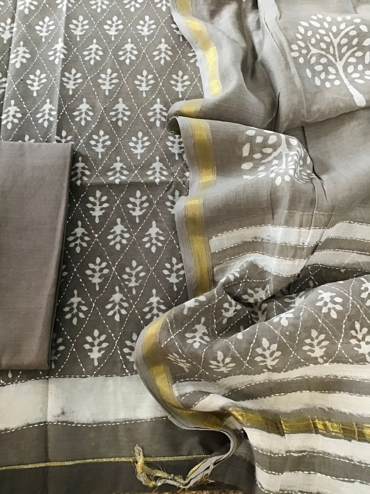 Pure Chanderi Printed Embroidered Suit - Beigish Grey