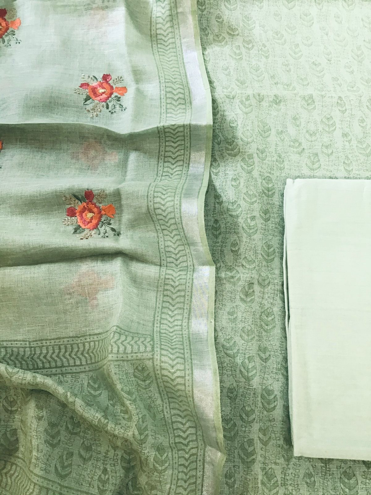 Pure Linen Jute Cotton Printed Suit - Green