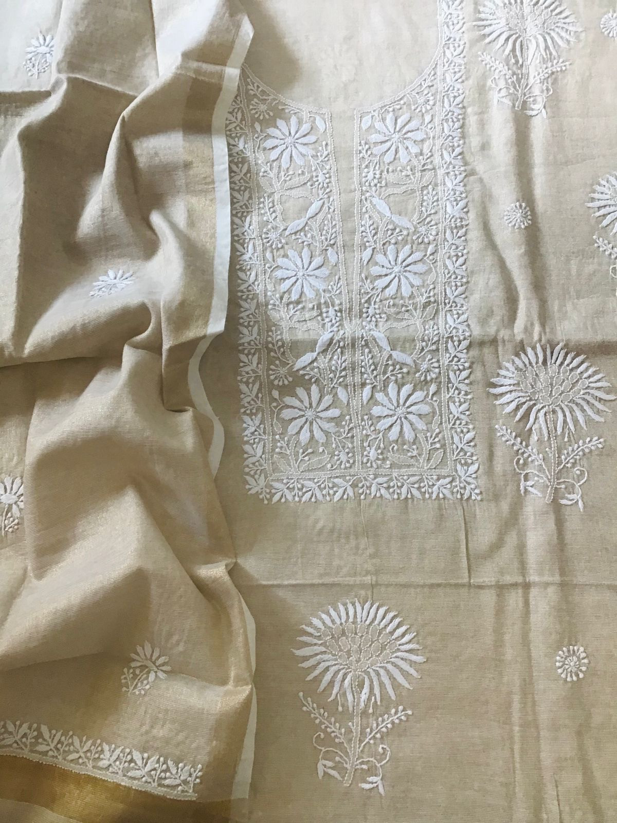 Pure Tissue Chanderi Chikankari Embroidered Suit - Beige