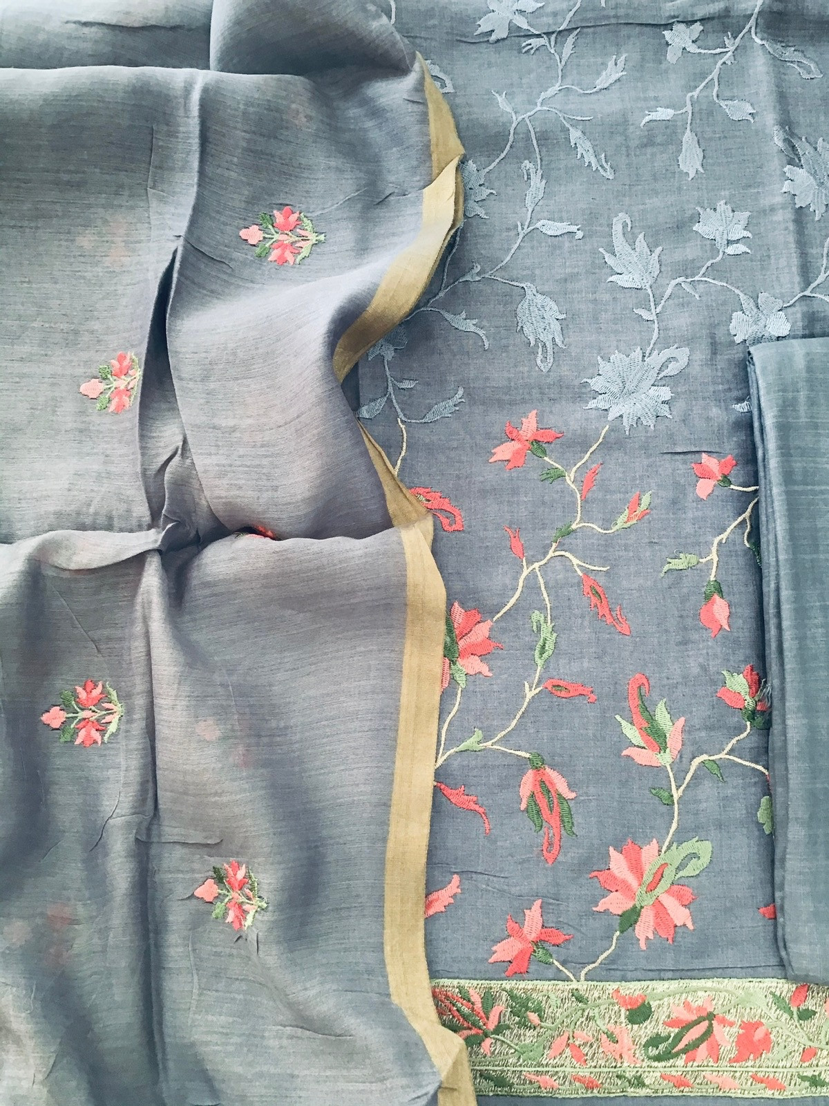 Pure Munga Silk Embroidered Suit - Grey