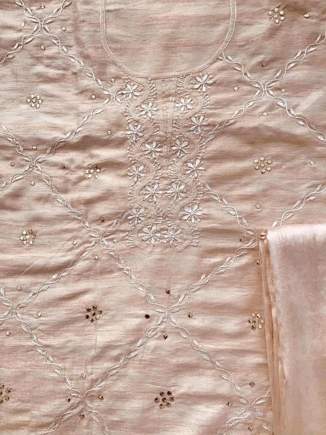Pure Bhagalpuri Silk Chikankari Embroidered Suit - Peach