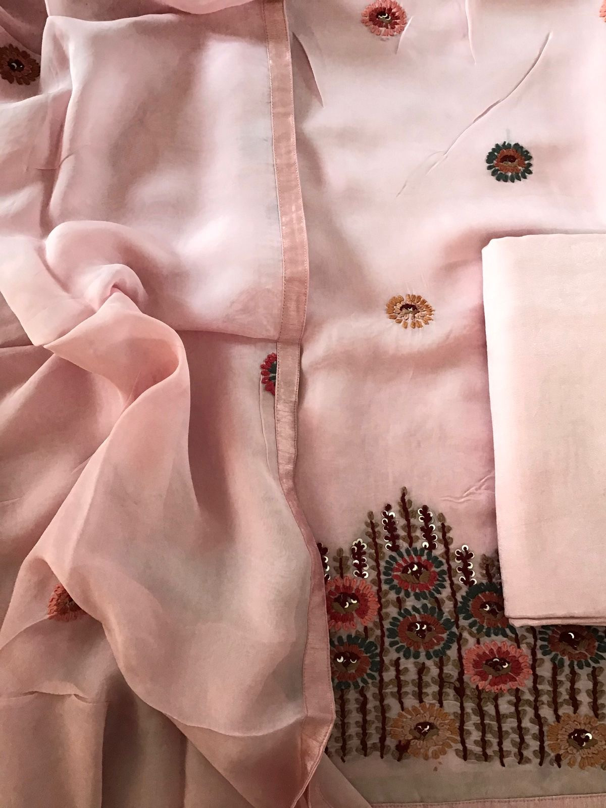 Pure Organza Silk Embroidered Suit - Pink