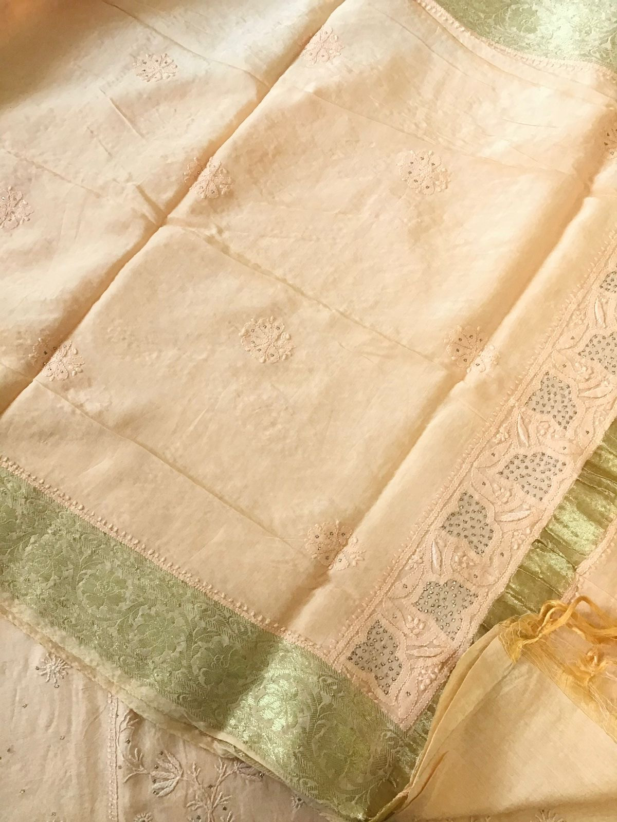 Pure Chanderi Chikankari Embroidered Suit - Light Peach