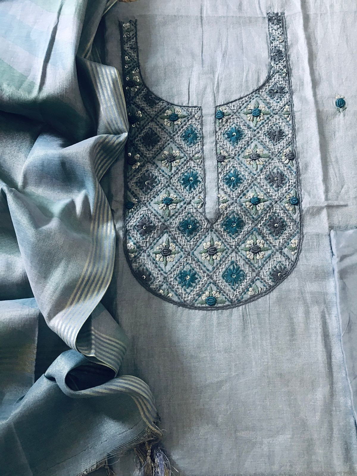 Soft Tissue Chanderi Embroidered Suit - Grey