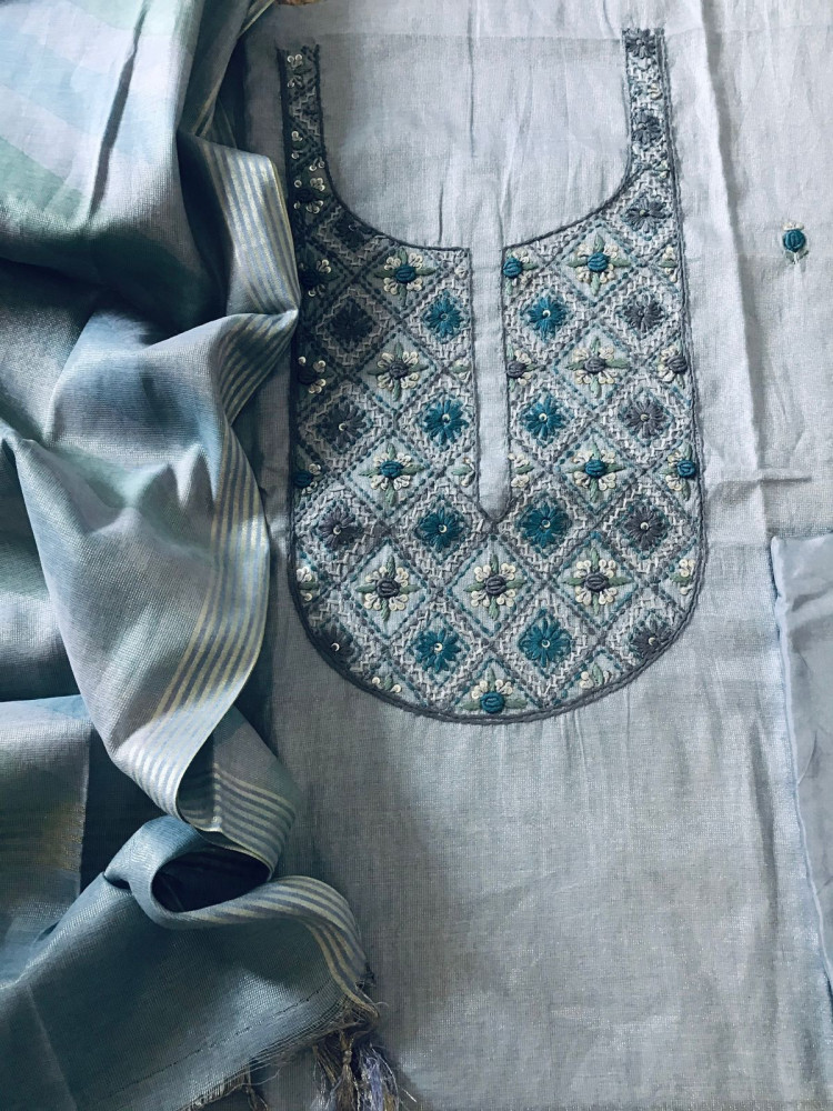 Image of Soft Tissue Chanderi Embroidered Suit - Grey