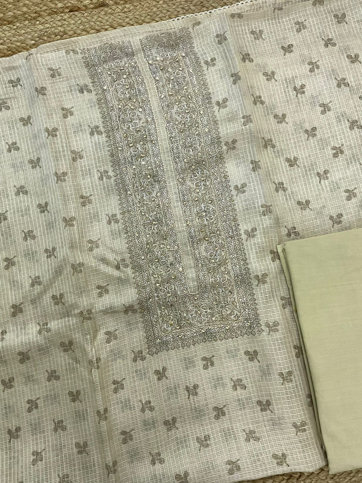 Soft Kota Silk Printed Embroidered Suit - Beigish Green