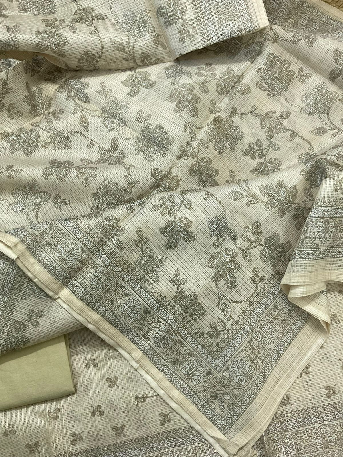 Soft Kota Silk Printed Embroidered Suit - Beigish Green