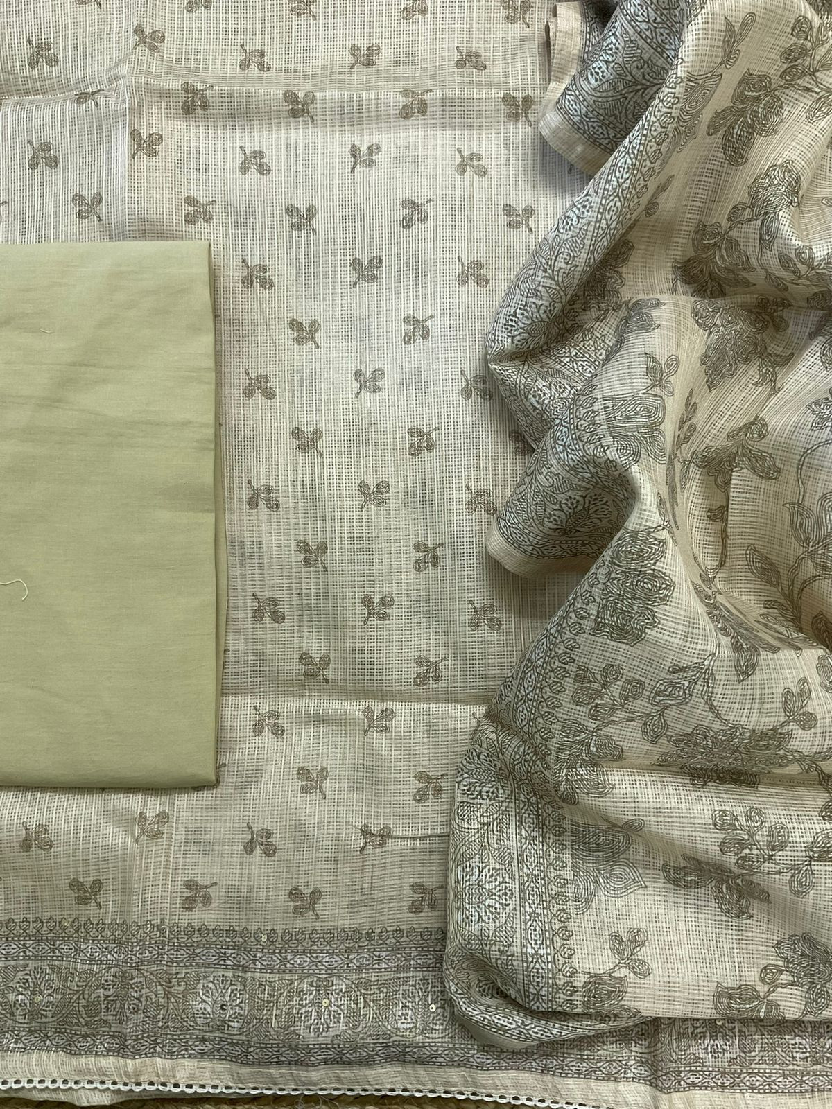 Soft Kota Silk Printed Embroidered Suit - Beigish Green