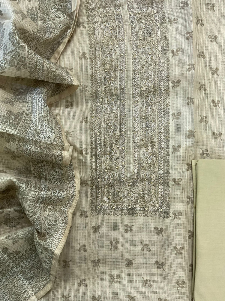 Image of Soft Kota Silk Printed Embroidered Suit - Beigish Green