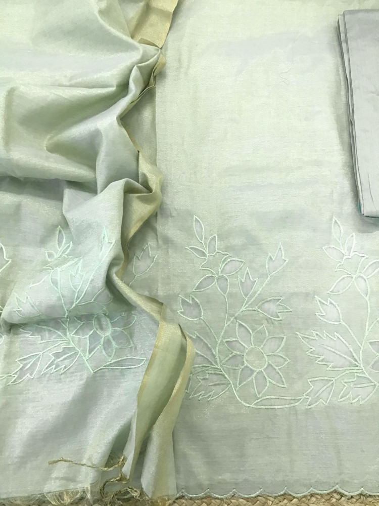 Image of Soft Tissue Chanderi Embroidered Suit - Green