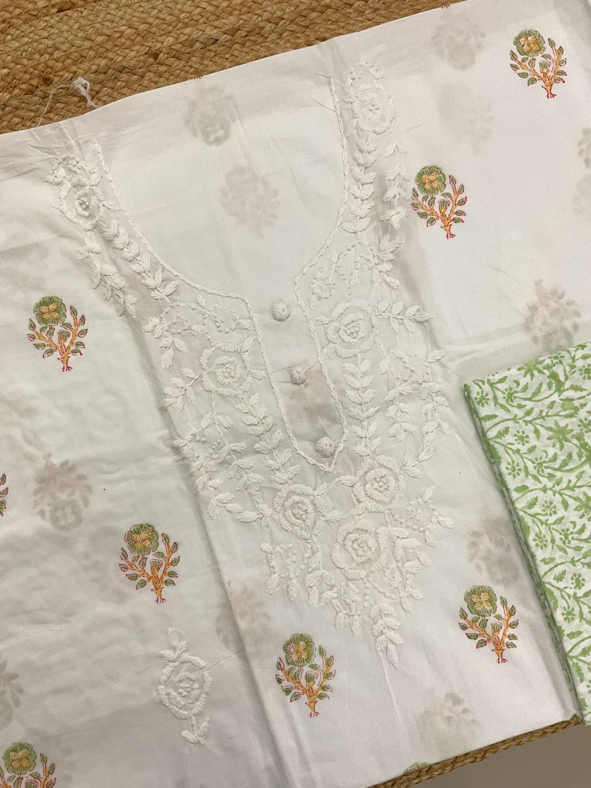 Pure Cotton Printed Embroidered Suit - White