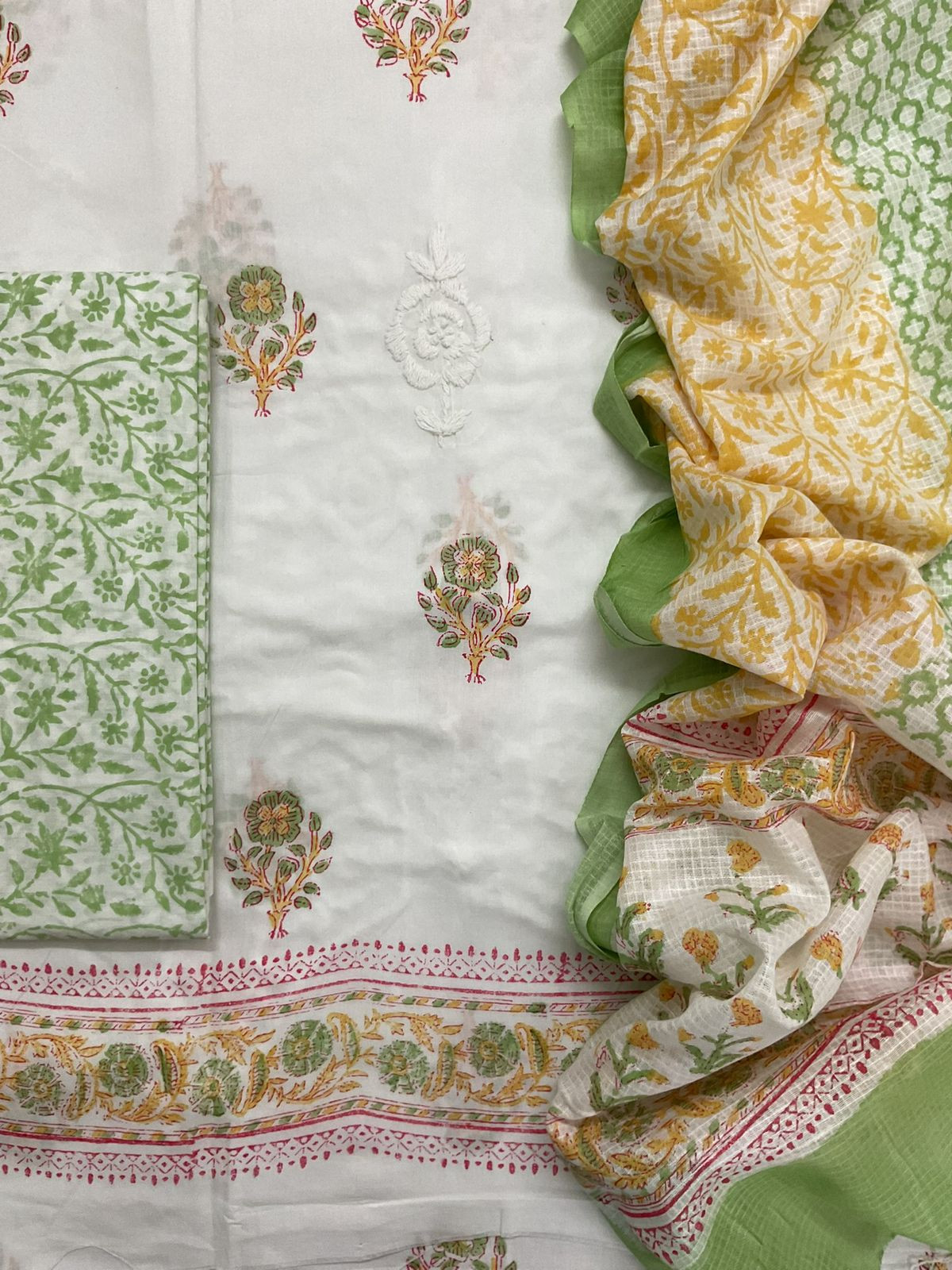 Pure Cotton Printed Embroidered Suit - White