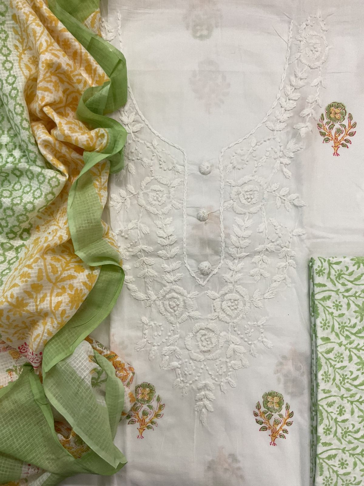 Pure Cotton Printed Embroidered Suit - White