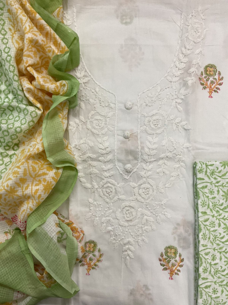Image of Pure Cotton Printed Embroidered Suit - White