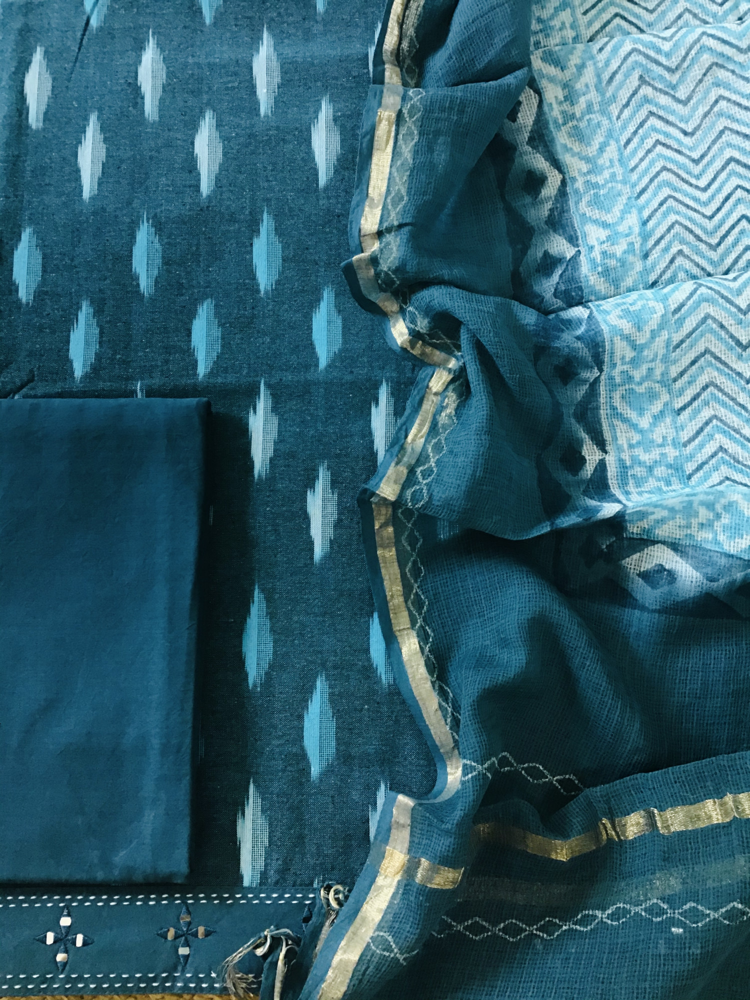 Pure Ikkat Cotton Printed Embroidered Border Suit - Blue