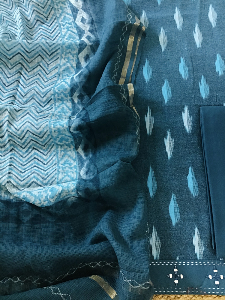 Image of Pure Ikkat Cotton Printed Embroidered Border Suit - Blue