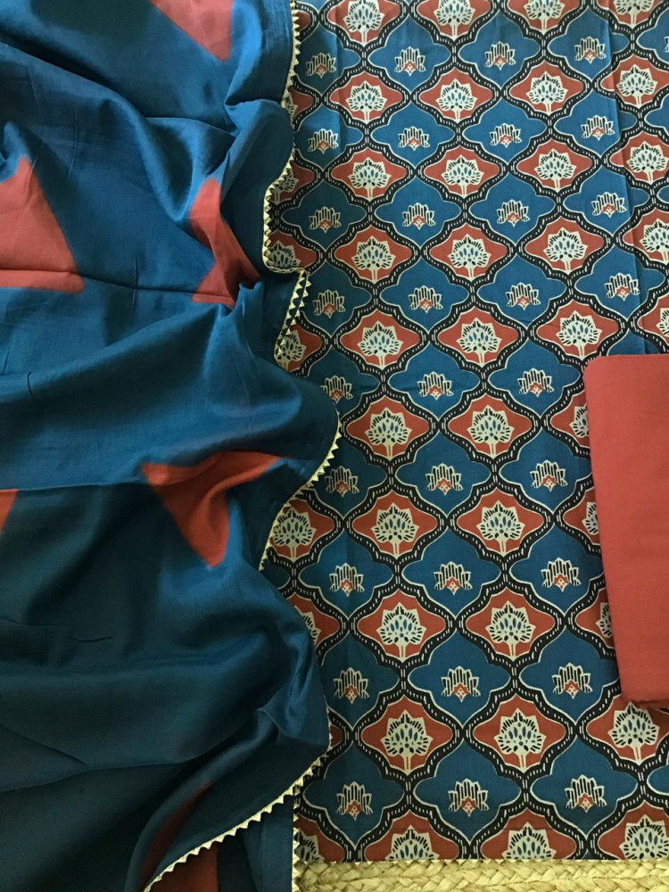 Image of Pure Fine Cotton Printed Suit - Blue