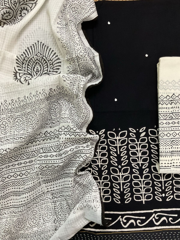 Image of Pure Cotton Printed Embroidered Suit - Black