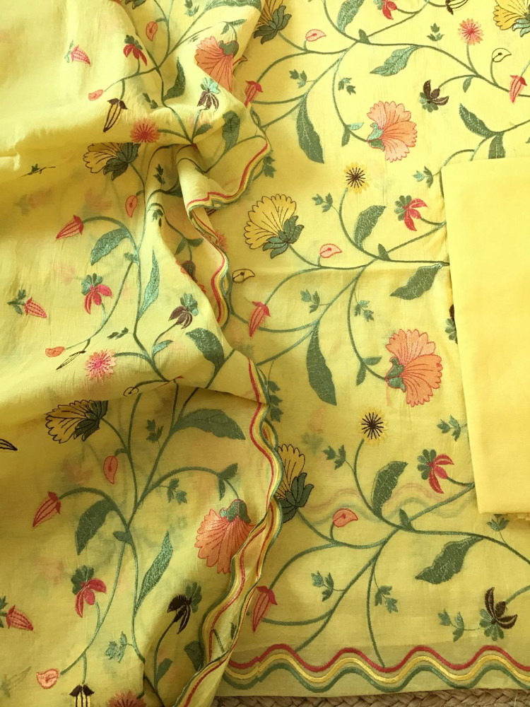 Image of Pure Chanderi Embroidered Suit - Yellow