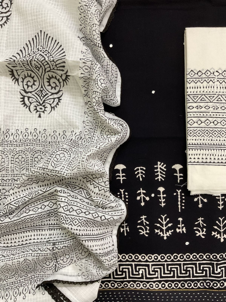 Image of Pure Cotton Printed Embroidered Suit - Black