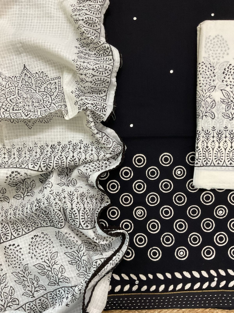 Image of Pure Cotton Printed Embroidered Suit - Black