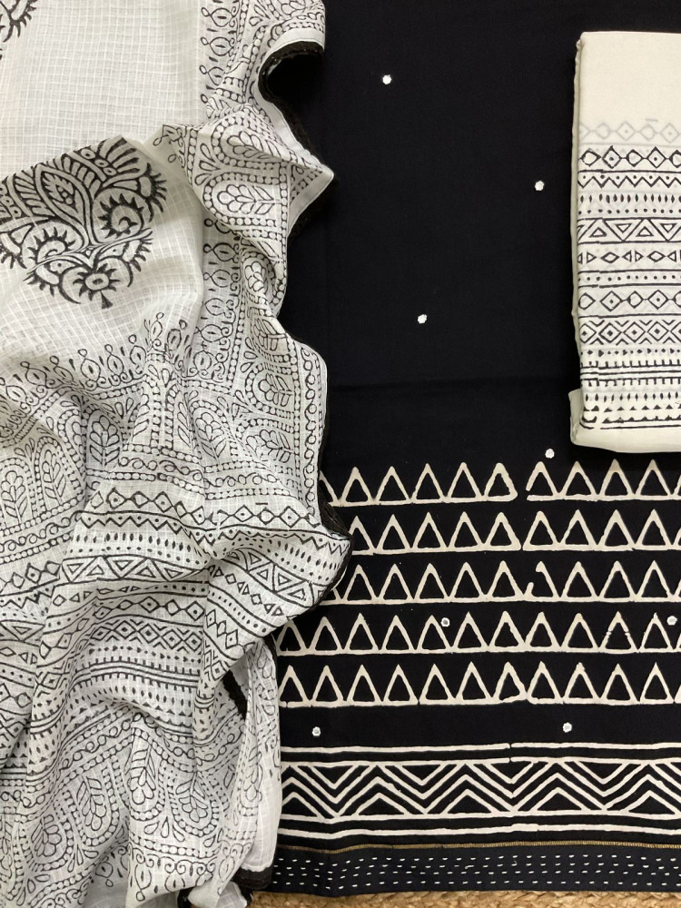 Image of Pure Cotton Printed Embroidered Suit - Black