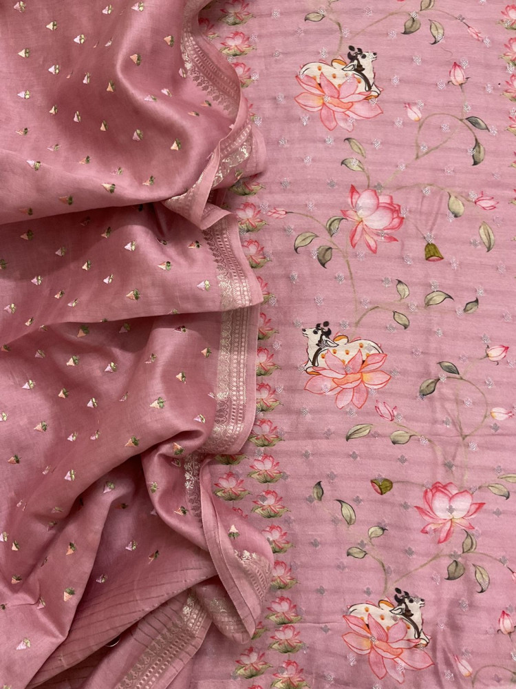 Image of Pure Mul Chanderi Printed Embroidered Banarasi Weaved Suit - Onion Pink