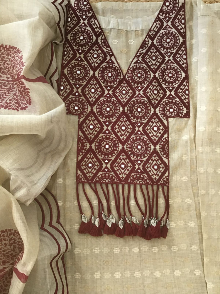 Image of Pure Chanderi Self Weaved Embroidered Semi Stitched Suit - Beige