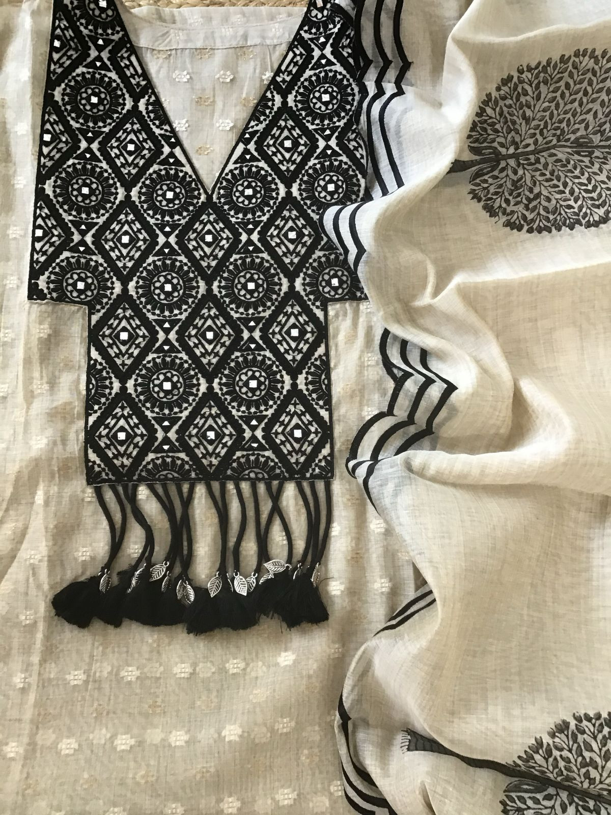 Pure Chanderi Self Weaved Embroidered Semi Stitched Suit - Beige