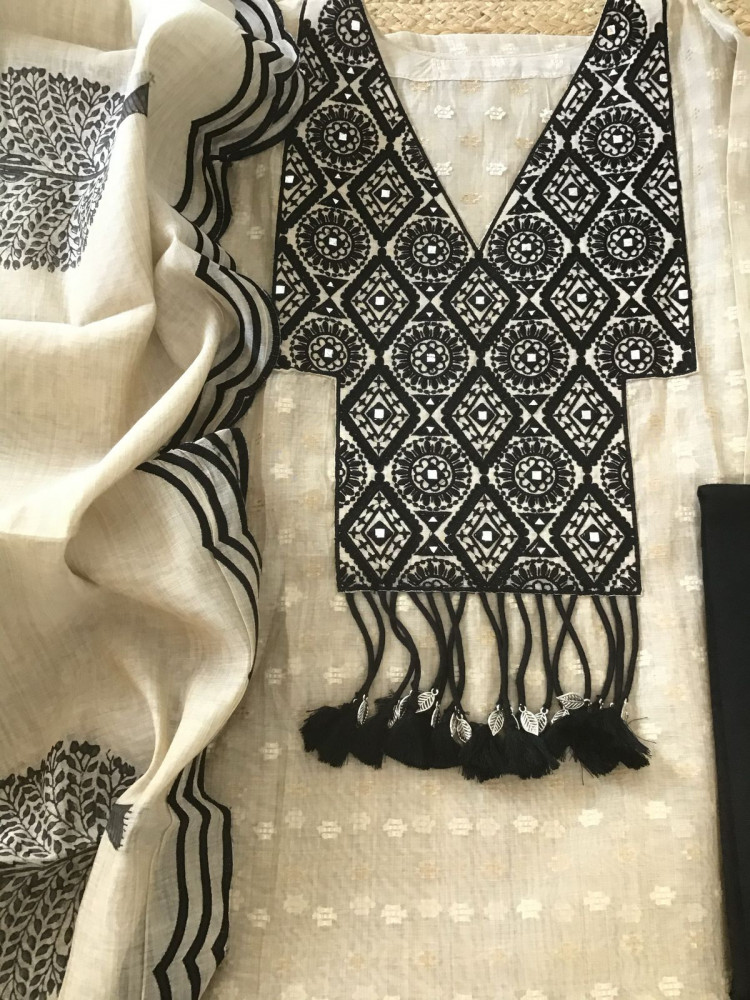 Image of Pure Chanderi Self Weaved Embroidered Semi Stitched Suit - Beige