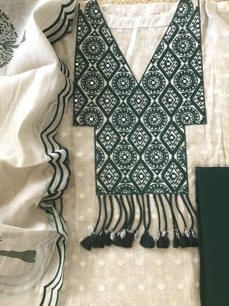 Image of Pure Chanderi Self Weaved Embroidered Semi Stitched Suit - Beige
