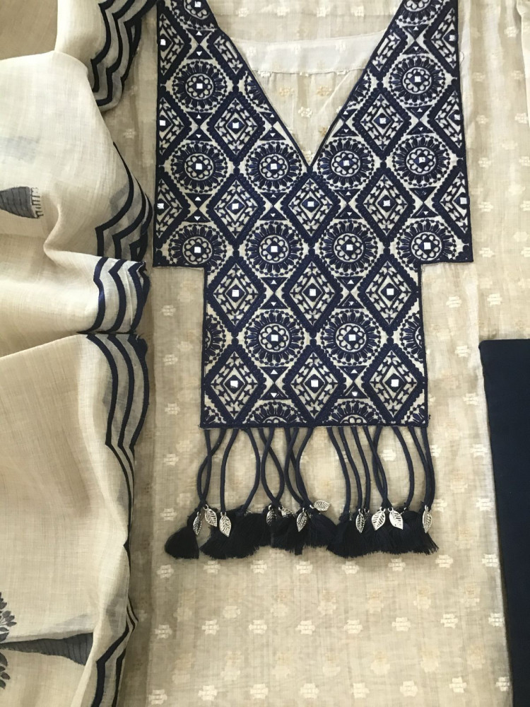 Image of Pure Chanderi Self Weaved Embroidered Semi Stitched Suit - Beige