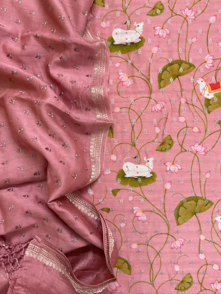 Image of Pure Mul Chanderi Printed Embroidered Banarasi Weaved Suit - Onion Pink