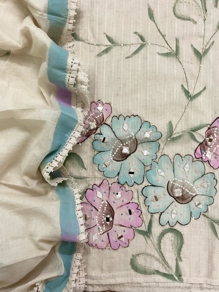 Image of Pure Cotton Silk Self Weaved Brush Painted Embroidered Suit - Cream