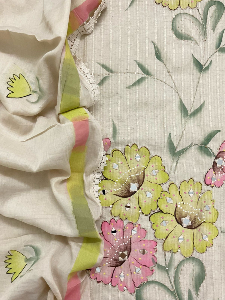 Image of Pure Cotton Silk Self Weaved Brush Painted Embroidered Suit - Cream
