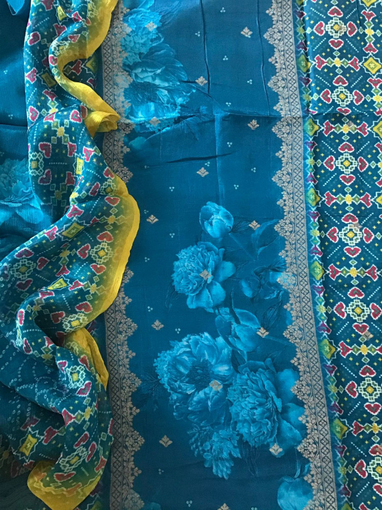 Image of Pure Upada Silk Printed Banarasi Weaved Suit - Blue